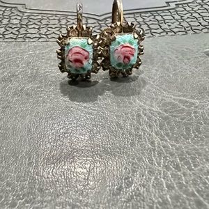 Vintage Guilloche Enamel painted Rose flower Rhinestone Earrings screw-back